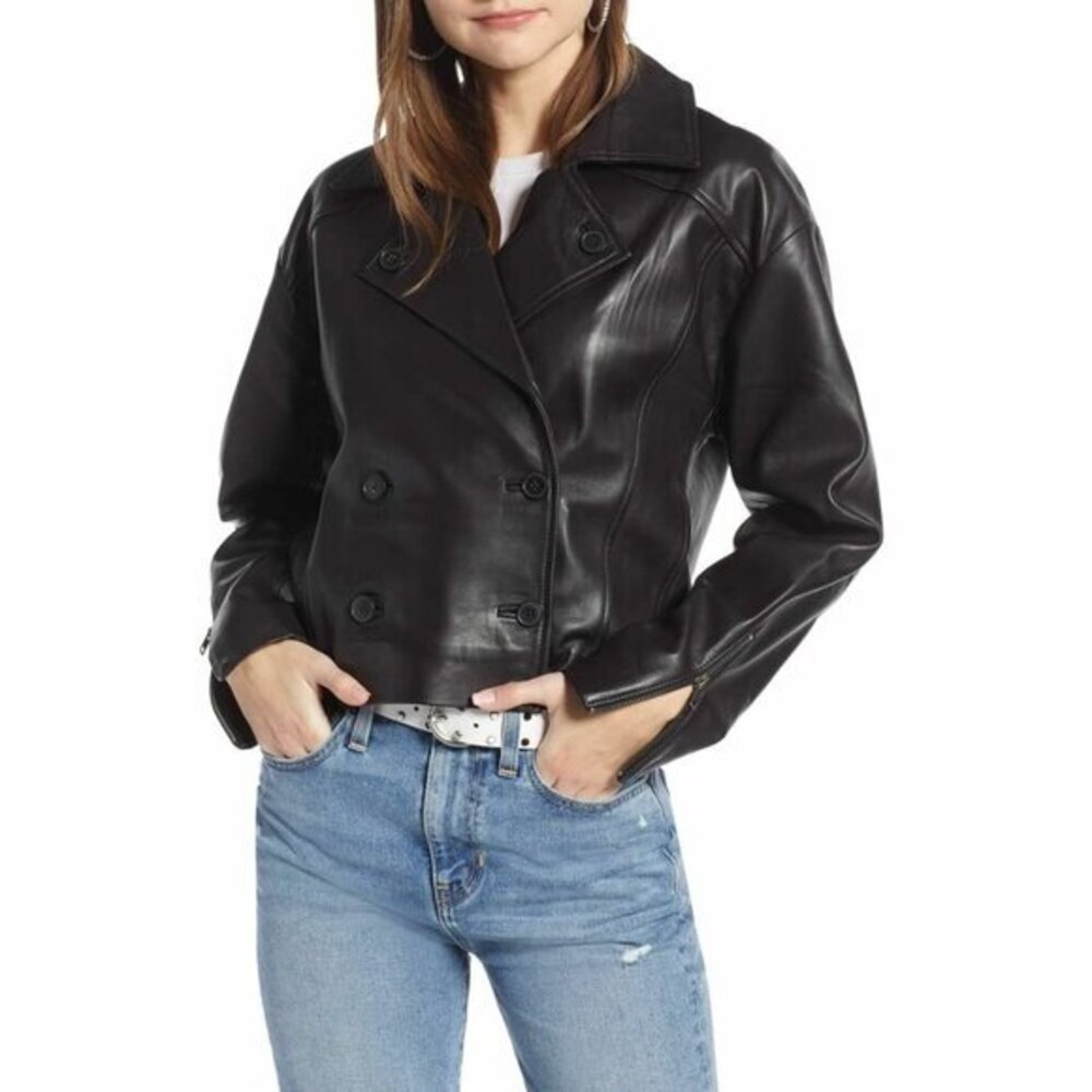Something Navy Shrunken Leather Crop Jacket Double Breasted Sz S New